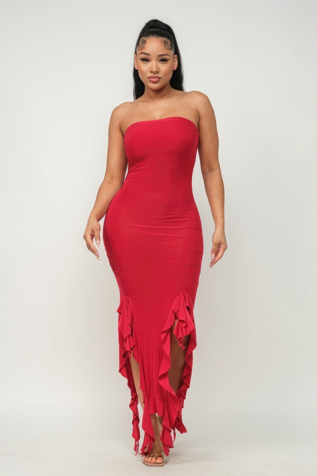 Solid Bottom Ruffle Trim Hem Slit Tube Maxi Dress